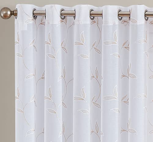 LinenZone 54x63 White Curtains with Linen Leaves. (Maria 54x63 Linen) - color: Golden Linen, size: 54"W x 63"L (Pack of 2)