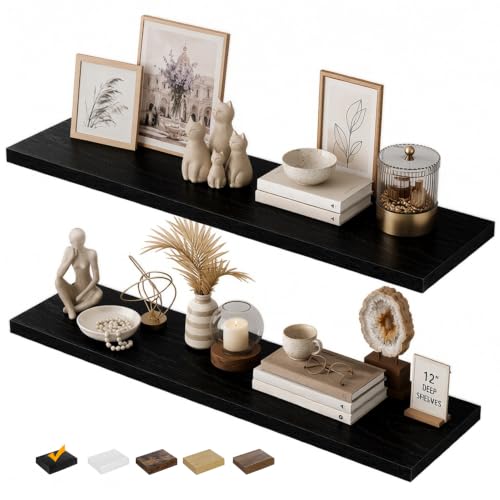 RICHER HOUSE 48 Inch Long Floating Shelves, 12 Inch Deep Black Wall Shelves - color: Black, size: 48in