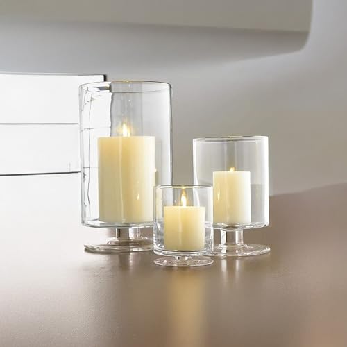 WGVI Clear Glass Pedestal Hurricane Candle Holder, 6"+8"+10" H, Decorative Vase for Pillar Candles, Short Stemmed Candleholder Cylinder, Tabletop, Home Décor, 1 Set of The Smaller 3 Sizes - size: 6", 8", 10" H (3-Piece Set)