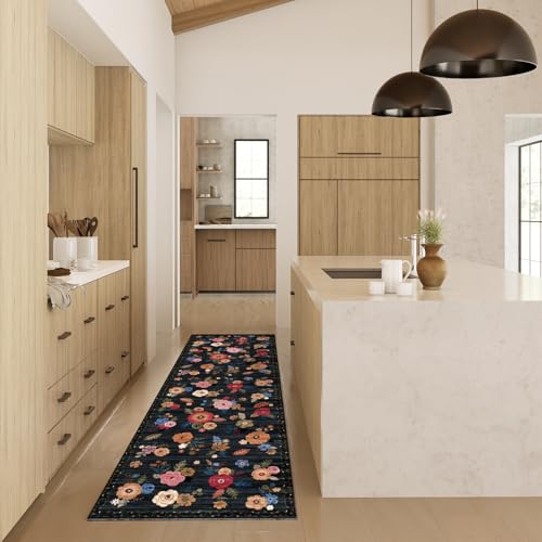 Washable Kitchen Rugs Non Slip: 2x6 Hallway Runner Rug Soft Carpet Runners - color: Black Floral, size: 2' x 6' (Rectangular)