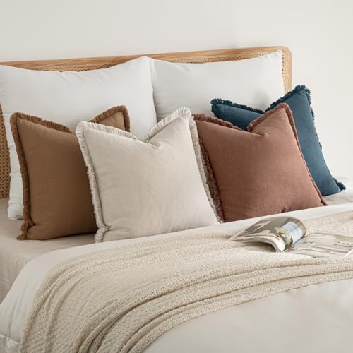 MIULEE Fall Linen Fringe Pillow Covers Set of 4 24x24 Beige/Brown/Blue - color: Blue Brown, size: 24" x 24" (Pack of 4)