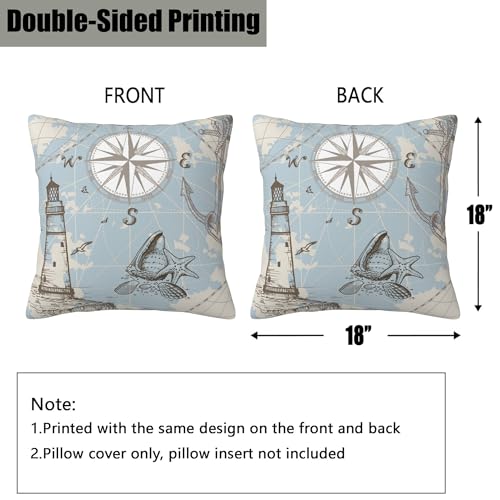 Blue Nautical Map Pillow Covers 18X18 Set of 2, Sea Compass Lighthouse Decorative Throw Pillow Covers,Anchor and Seashells Pillow Cover Pillowcase Cushion Case for Home Sofa Couch Indoor Outdoor - color: Blue Nautical Map