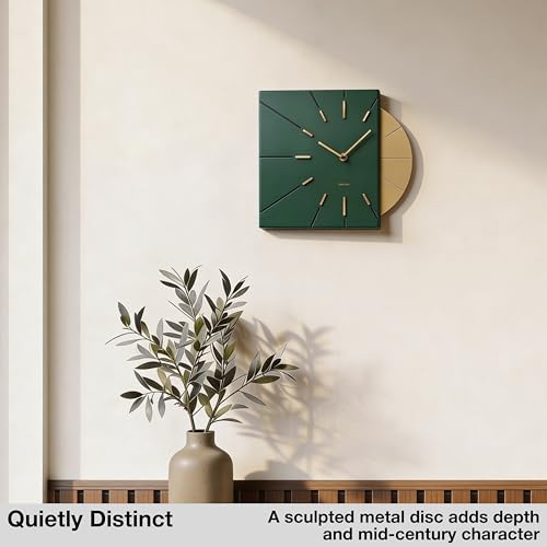 Driini Mid Century Modern Wall Clock, Battery Operated, Green and Gold - color: Green