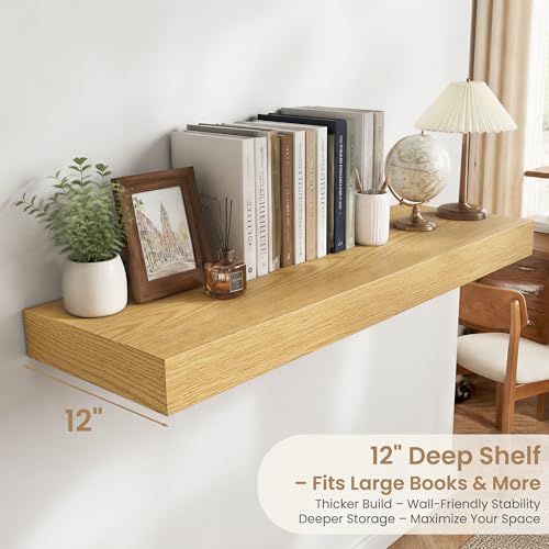 36 Inch Long Floating Shelves for Wall Set of 1, 12"D Wood Grain Shelves - color: Oak, size: 36"Wx12"Dx2"H, 1P