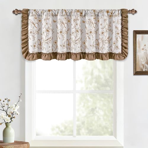 Yinhua Linen Floral Valances for Windows with Ruffle, Farmhouse French Window Valances Curtains, Light Filtering Rod Pocket Kitchen Curtains Valance for Living Room Bathroom, 52" W x 18" L, 1 Panel - color: Brown, size: 52"W x 18"L (Pack of 1)