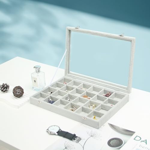 Coward Jewelry Organizer Tray Box, 24 Grids Ring Earring Chain Bracelet Necklace Jewelry Bead Display Holder Tray Case with Transparent Glass Lid for Home Drawer or Shop Selling - color: Grey Beige Velvet, size: 24Grids Box