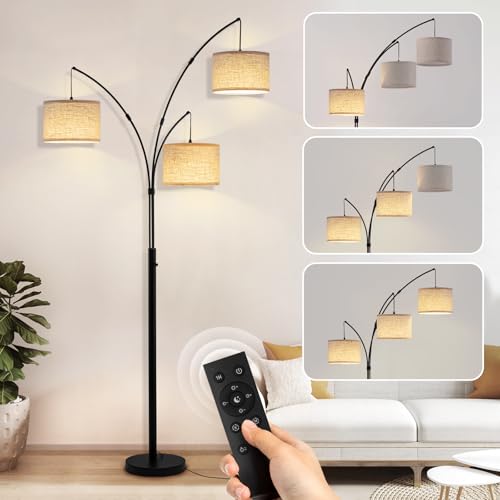 3 Light Arc Floor Lamp with Remote, Beige Shade Black Pole - color: Black-Beige Shade, size: 3
