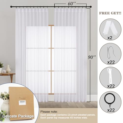 OWENIE Pinch Pleated Curtains, White Sheer Curtains for Living Room Bedroom 90 Inches Extra Long, Airy Soft Solid Light Filtering Sheer Curtain Drapes, White, Each 60x90 Inch - color: White, size: 60"W x 90"L (Pack of 2)