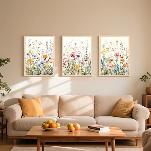WRFON Framed Wildflower Canvas Wall Art Set of 3, Watercolor Botanical Floral Paintings, Soft Meadow Flower Artwork for Bedroom Living Room Bathroom Home Decor 12x16 Inch Each - color: Wildflowers(Framed), size: 16"L x 12"W