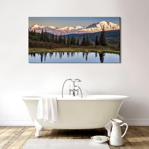 Forest Wall Art Snow Mountain Nature Pictures Wall Decor for Living Room USA Denali National Park Landscape Canvas Prints Green Pine Lake Trees Scenery Framed Artwork Bedroom Office Decorations 20x40 - color: Field01, size: 40"L x 20"W