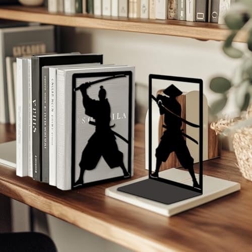 Peacoblue 5.3"x4.3"x7.9" Metal Bookends, Heavy Duty Book Ends for Shelves - style: Japanese Samurai