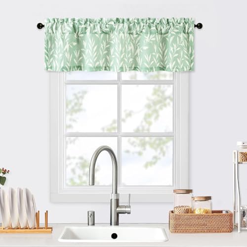 VOGOL Faux Linen Leaf Print Kitchen Valance, 52 x 12, 1 Panel, Green - color: Light Green, size: 52"W x 12"L (Pack of 1)