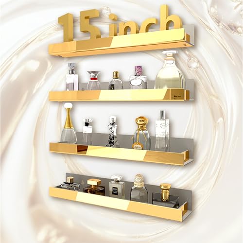 4 Pack 15 Inch Gold Reflective Acrylic Shelves, Gold Foating Shelves, Modern Sunglasses Essential Oil Picture Ledge Display Toy Storage Shelf - color: 15in-gold Mirror