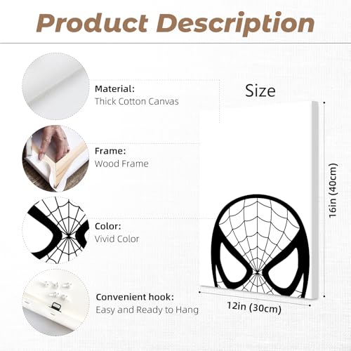 Baccone Spiderman Wall Art Boys Room Canvas Wall Decor Black White Wall Art Spiderman Pictures Painting Boys Posters Nursery Artwork for Living Room Bedroom 12x16x3 Inch Ready to Hang - color: Superhero Prints, size: 12x16 Inch Wrapped Canvas