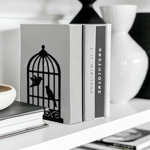 Peacoblue 5.3"x4.3"x7.9" Metal Bookends, Heavy Duty Book Ends for Shelves - color: Birdcage and Bird