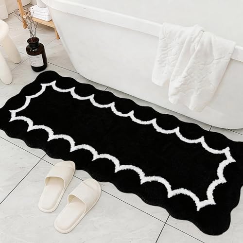 Scalloped Black Bathroom Rugs Runner,Non Slip Absorbent 17"x47" - color: Black2, size: 2' x 4'11" (Rectangular)