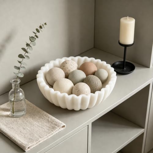 White Marble Style Decorative Bowl, Entryway Console Centerpiece - color: White - Scalloped