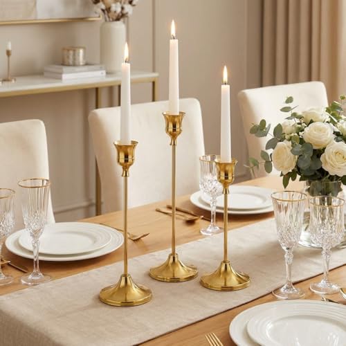 10 Sets Candle Holder Brass Metal Candlestick Holders -Vintage Modern Metal Taper Candle Holders, Decorative Centerpiece for Table Mantel, Wedding Kitchen Home Decor, Wedding Gift,30Pcs - color: Brass, size: 30pcs