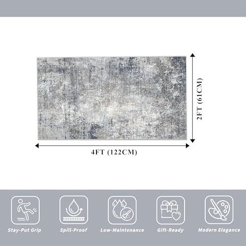 2x4 Runner Rug Washable Non-Slip – Small Throw Rug for Kitchen Floor, Bedroom, Entryway, Bathroom, Bedside – Modern Abstract Neutral Low-Pile Thin Indoor Door Mat(Blue Grey,2x4) - color: Blue Gray, size: 2' x 4' (Rectangular)