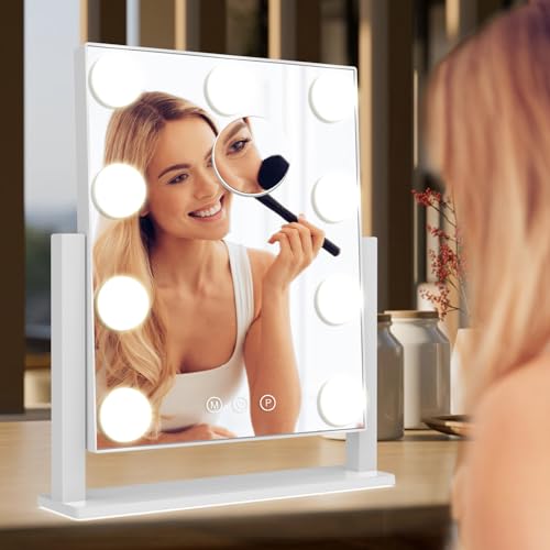 Dirket Vanity Mirror with Lights, Hollywood Lighted Makeup Mirror with 3 Color Lighting Modes and 9 Dimmable Bulbs, Detachable 5X Magnification, Smart Touch Control, 360°Rotation, White - color: 9 Bulbs