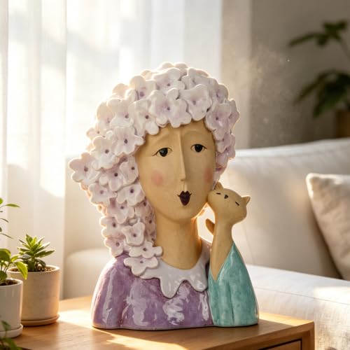 DiliComing Women-Head Statues for Home Decor 13 Inch Modern Art Statue - color: Women & Cat Purple