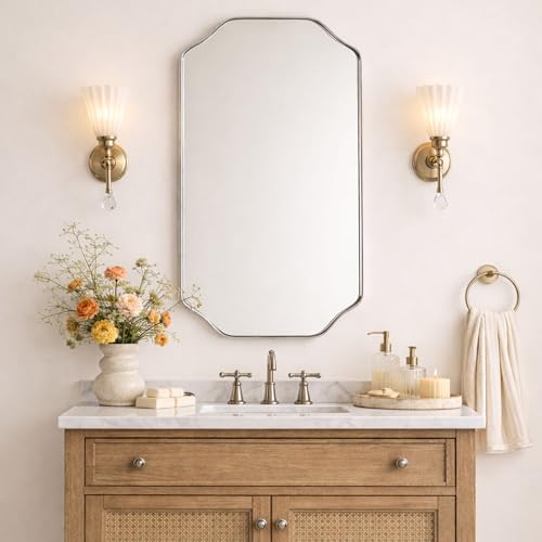 TEHOME Polished Nickel Scalloped Bathroom Mirror, 32x24'' Polished Silver Asymmetrical Bathroom Vanity Mirror for Wall - color: Polished Nickel, size: 32"L x 24"W