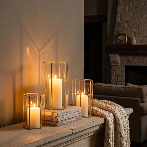 Gold Glass Hurricane Candle Holder Set of 3 Large Clear Hexagon Lanterns