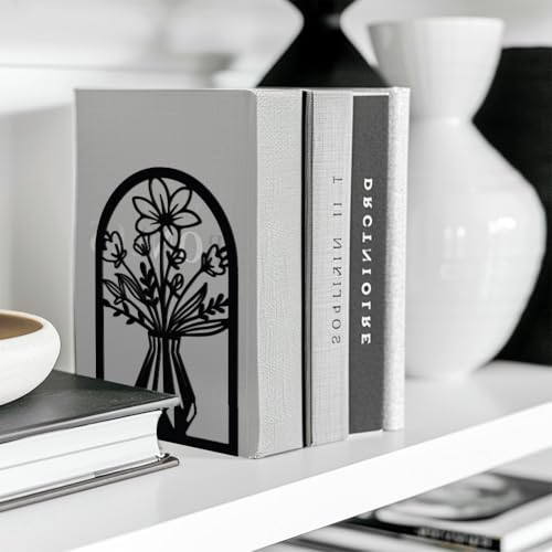 Peacoblue 5.3"x4.3"x7.9" Metal Bookends, Heavy Duty Book Ends for Shelves - color: Vase With Flowers