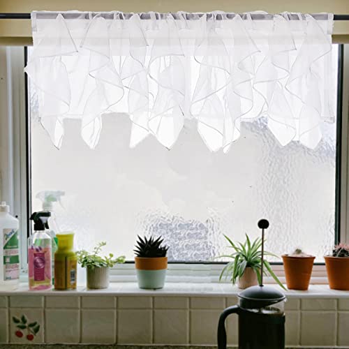 PearAge Ruffled Voile Semi Sheer Curtain Valance, Kitchen Living Room Shabby Chic Ruffle Valance Curtains, Girls Daughters Bedroom Cascade Window Valance Ivory 50x16 Inches - color: Ivory