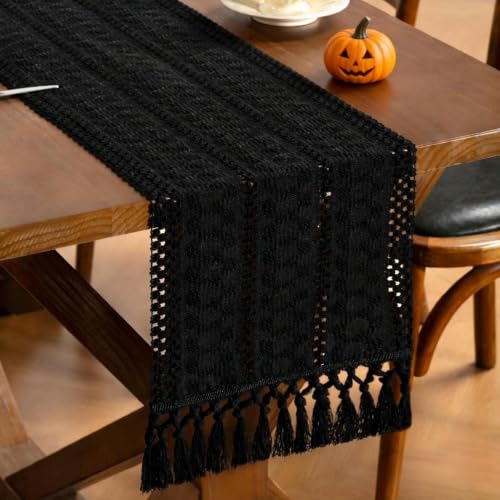 Black Woven Table Runner Cotton Linen Boho with Tassels 11"×72" - color: Black, size: 11" × 70"