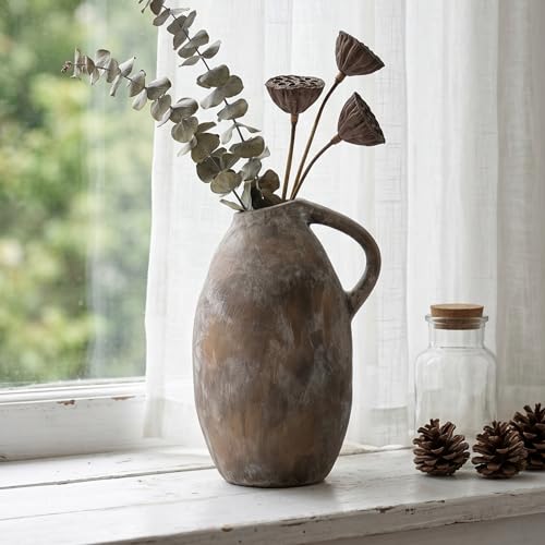 Rustic Ceramic Vase with Handle, 10.3 Inch, Farmhouse Decor, Brown - color: Brown