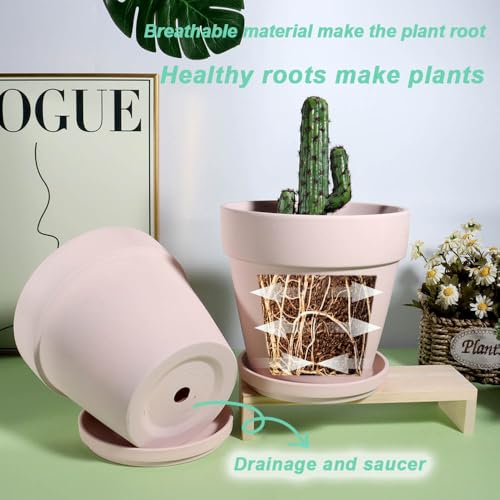 vensovo 5 Inch Pink Terracotta & Clay Pots with Saucer, 6 Pack - color: Pink