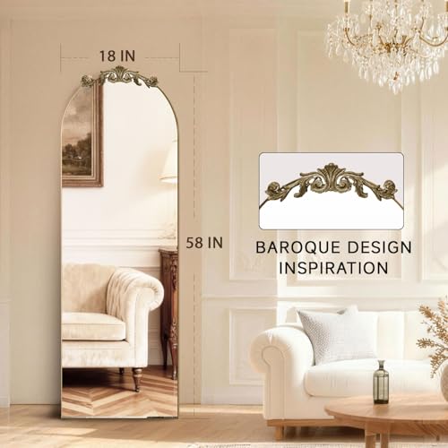 MISSDAY Vintage Baroque Full Length Mirror, 58"X18" Antique Large Arched Full Body Mirror Freestanding with French Carving Top, Full Metal Frame Stand Up Retro Mirrors for Bedroom Living Room, Bronze - color: Bronze, size: 58"L x 18"W