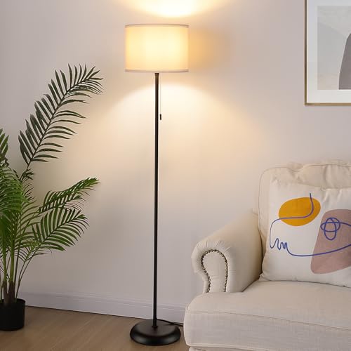 FOLKSMATE Floor Lamp for Living Room, Modern LED Simple Standing Lamps, Minimalist Tall Lamp for Bedroom, Living Room, Office, Kids Room, Reading Light, Black Pole Lamp with White Shade, Without Bulb - color: White