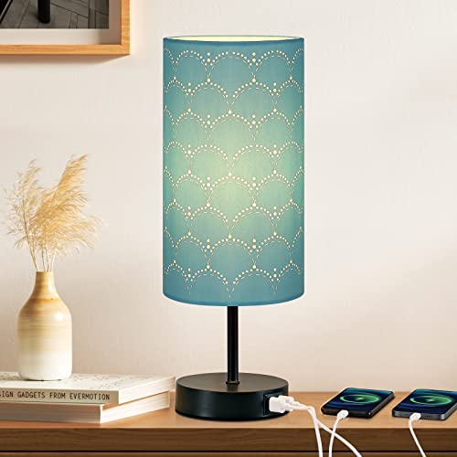 CINSARY Touch Control Bedside Lamp with 2 USB Ports, 3-Way Dimmable Table lamp for Bedroom, Nightstand Lamp with Round Blue Fabric Shade for Living Room Home Office (E26 LED Bulb Included) - color: Blue-15" H
