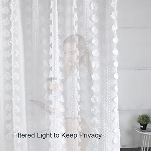 White Boho Sheer Curtains Poms 84 inches Long 2 Panels Embroidered Tuft - size: 54"W x 84"L (Pack of 2)