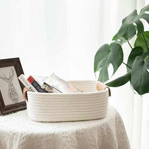 CHICVITA 3 Pack Woven Rope Gift Basket with Leather Handles, White - color: White, size: 11.4 x 10.6 x 5.5 Inch (3 Pack)
