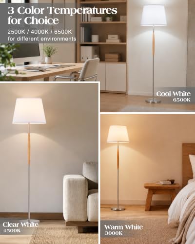 ELYONA Japandi Wood Floor Lamp with 3 Color Temperatures LED Bulbs, Linen Shade & Brushed Nickel Metal Finish, 59 Inch Tall Reading Standing Lamp for Living Room Bedroom Corner Office Hotel - color: Natural Wood & Brushed Nickel