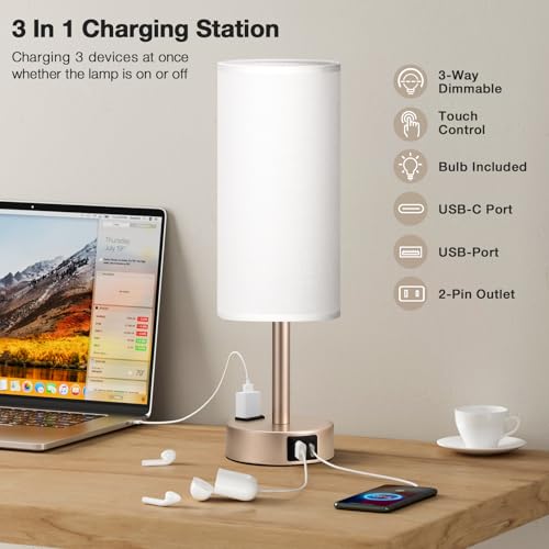 Antique White Bedside Table Lamp, Dimmable Touch Lamp, USB A+C, AC Outlet - color: White - Antique White, size: 14"