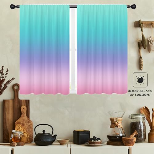 Teal Pink Kitchen Curtains, Ombre, 27.5" W x 39" L, Rod Pocket - color: Teal Pink, size: 27.5"W x 39"L (Pack of 2)
