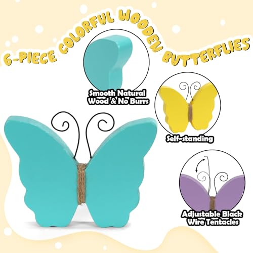 Spring Easter Decorations 6 Pcs Wooden Colorful Pastel Butterfly Sings - color: Butterfly
