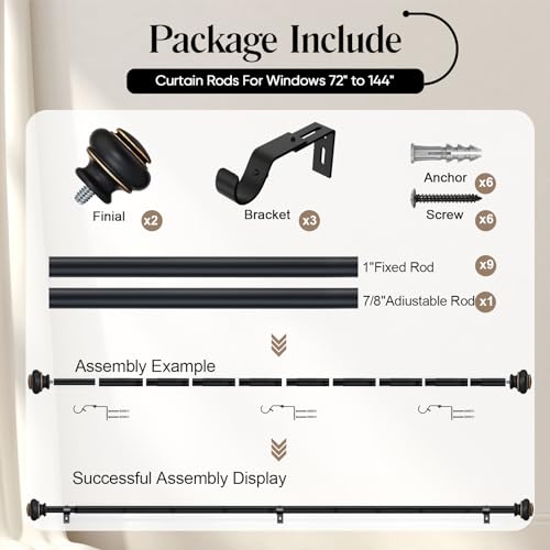 SIMEWIN Heavy Duty Window Curtain Rods, 72-144 Inches, Black with Gold Finials, Adjustable for Bedroom, Living Room, Patio - color: Black, size: 28"-144"