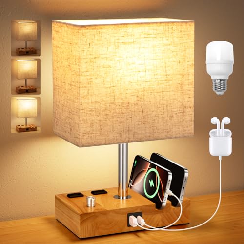 Wood Grain Table Lamp for Bedroom, Stepless Dimmable, USB C+A, 2 AC Outlets - color: Wood Grain with Knob Switch, size: 1 Pack