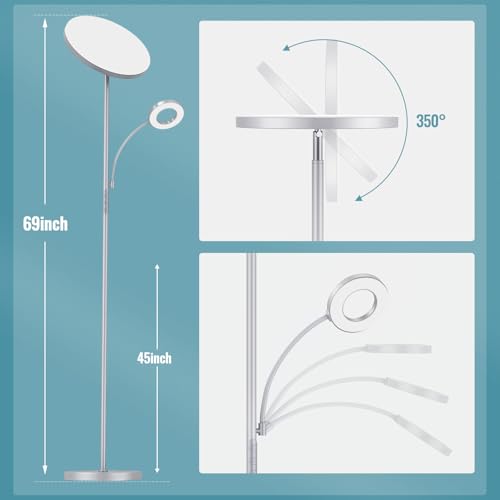 marctronic Silver Gray Floor Lamp, 42W 4000LM Super Bright LED Lamp with Reading Light for Living Room Bedroom Office, Dimmable Standing Lamp with Remote & Touch Control - color: Silver Gray 42W