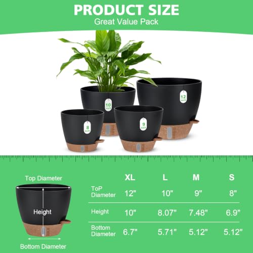12" 10" 9" 8" Self Watering Pot for Indoor Plants, Large Plastic Planters Set with Water Level Indicator Deep Reservoir Tray, Bottom Watering Big Flower Pots with Mesh Drainage Hole - Black - color: Black