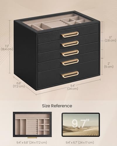 SONGMICS 5-Layer Jewelry Box with Glass Window, 5 Drawers, Golden Handles - color: Black, size: 5-Tier