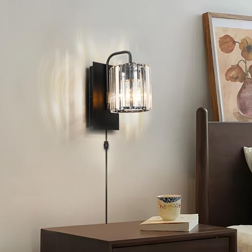 Plug in Crystal Wall Sconces, Black Plug in Sconce with Dimmer Cord - color: Crystal Glass Sttyle with Plug