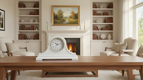 Mantel Clocks, Battery Operated, Silent Wood Table Clock with Westminster Chimes On The Hour, Solid Wooden Shelf Chiming Mantle Clock, 9" x 16" x 3" (White - Arabic Numerals) - color: White