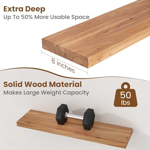 Floating Shelves for Wall, 8" Deep Elm Wood Shelves, 30in Set of 2, Natural - color: Natural, size: Flat Edge, 30inch, 2Packs