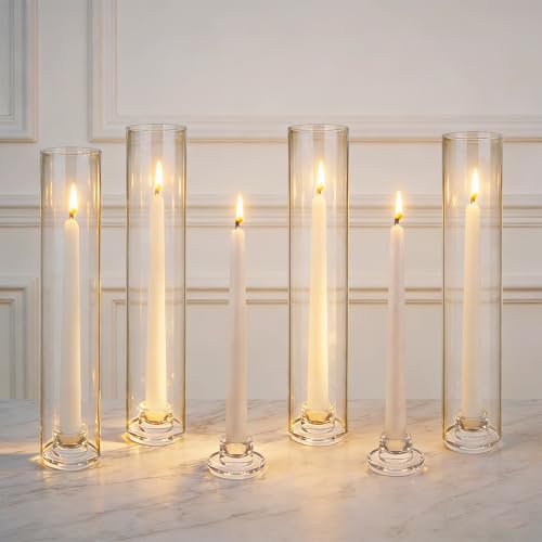 12 Set Glass Hurricane Candle Holders 11.8" Open Ended Glass Candleholder Tube Shape Bottomless and 2.1" Taper Clear Candlestick Holder Bulk for Wedding Party Table Centerpiece Home Decor (12, Clear)